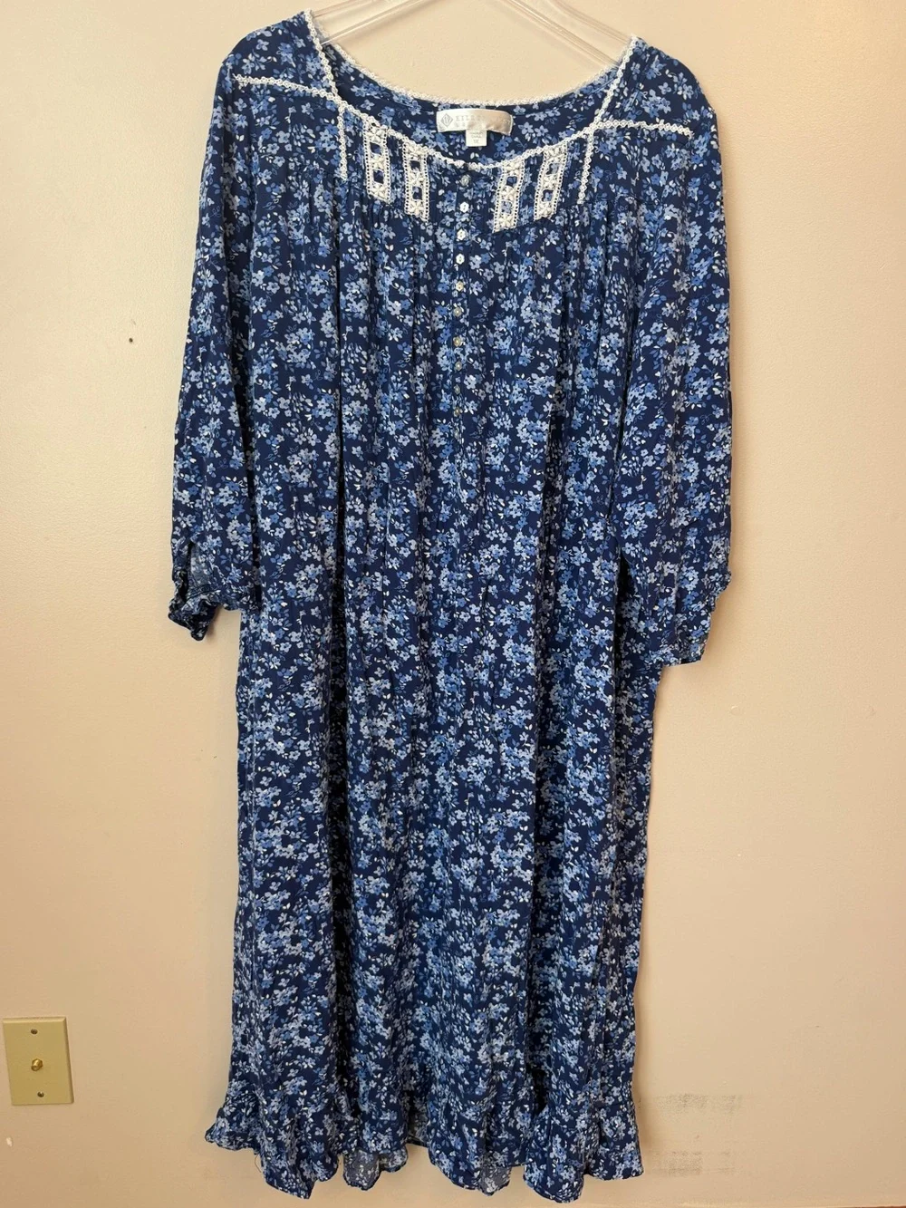 Eileen West Blue Floral Nightgown Relaxed Lace Ruffle Midi Ballet Gown Size 1X